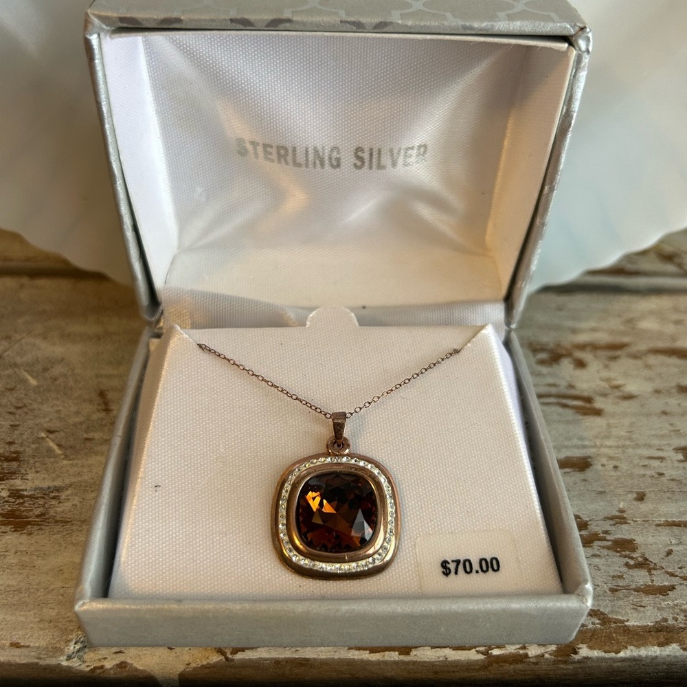Faceted Amber Swavorski Crystals Sterling Pendant W/Sterling Chain Necklace